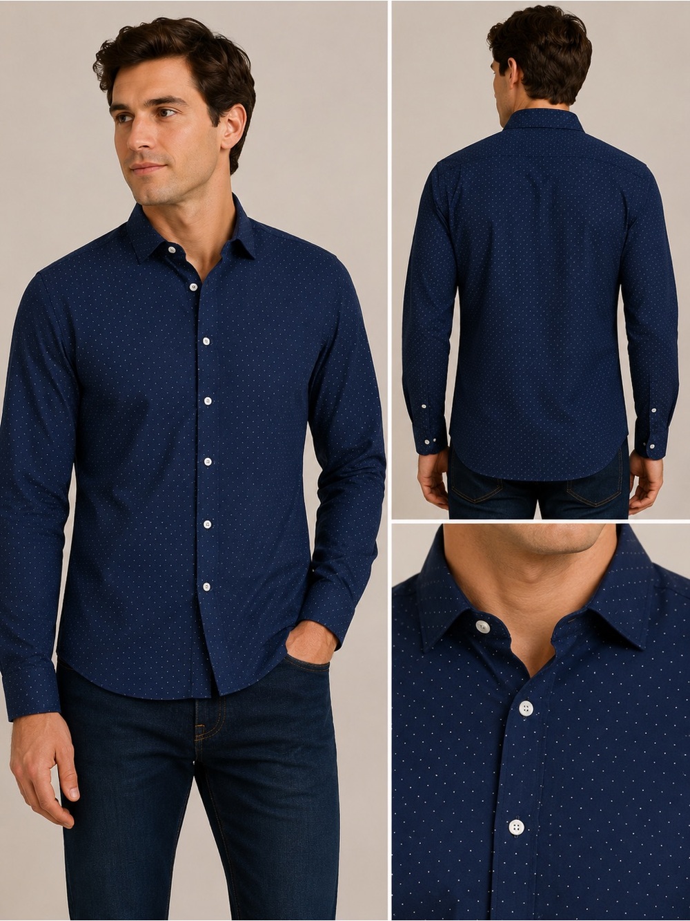 Charles Tyrwhitt Non-Iron Navy Button Down Shirt with Dot Pattern Extra Slim Fit